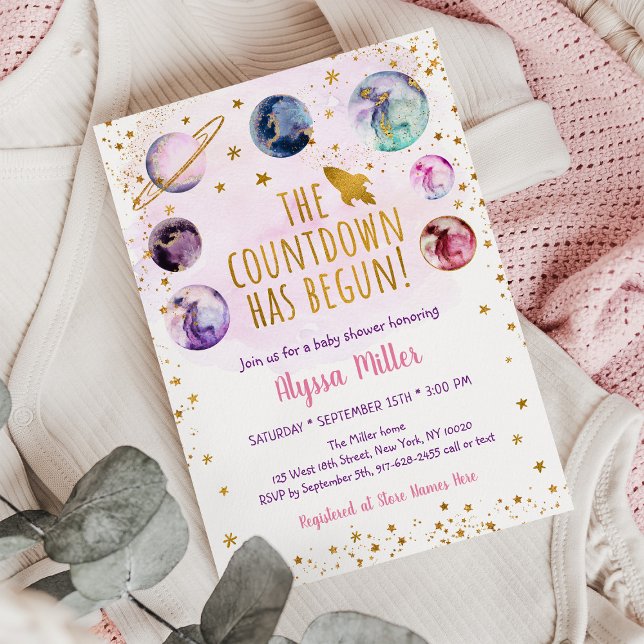 Rosa Guld Galaxy Countdown har startat babyskor Inbjudningar (Skapare uppladdad)