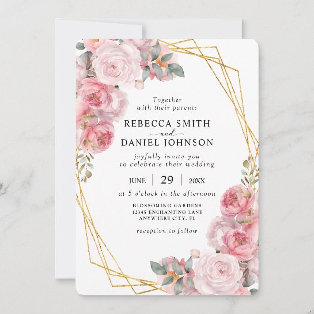 Rosa & Guld Geometrisk Elegant Boho Blommig Bröllo Inbjudningar (Framsida)