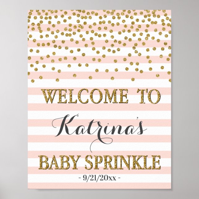  Rosa Guld Girl Baby Sprinkle Välkomstskylt Poster (Framsidan)