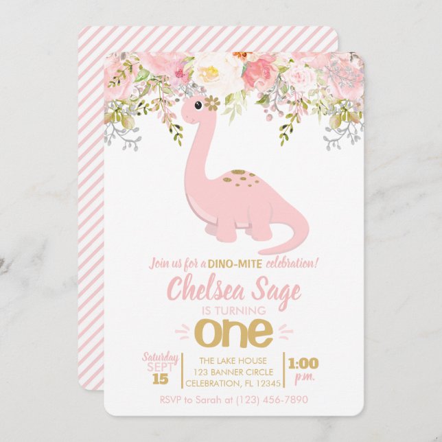 Rosa & Guld Girl Blommigt Birthday Inbjudningar (Fram/baksida)