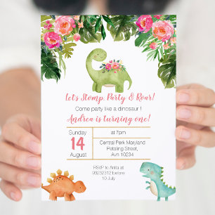 Rosa & Guld Girl Dinosaur Birthday Inbjudan
