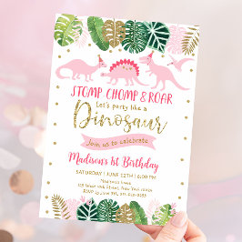 Rosa & Guld Girl Dinosaur Birthday Inbjudningar