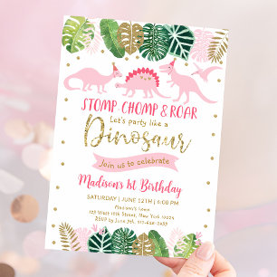 Rosa & Guld Girl Dinosaur Birthday Inbjudningar