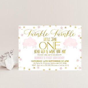 Rosa Guld Girl Girl's Twinkle Little Star 1s Birth Inbjudningar