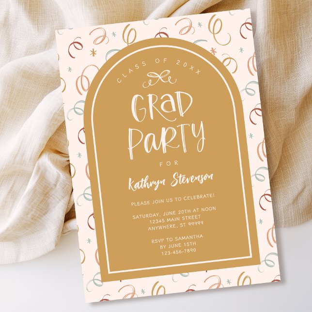 Rosa Guld Girly Hand plockade Confetti Grad Party Inbjudningar (Shown on a 5" x 7" invitation)