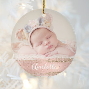 Rosa Guld Glam Anpassningsbar Girl Baby Photo Pers Julgransprydnad Keramik