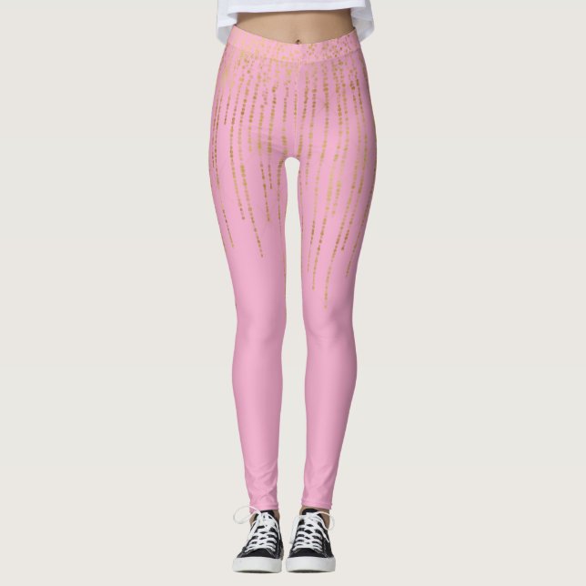 Rosa Guld Glam Konfetti Ränder Prickar Leggings (Framsida)