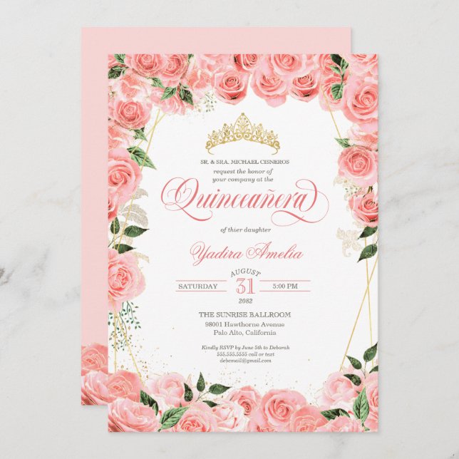 Rosa  & Guld Glam Ro Elegant Quinceanera Inbjudningar (Fram/baksida)