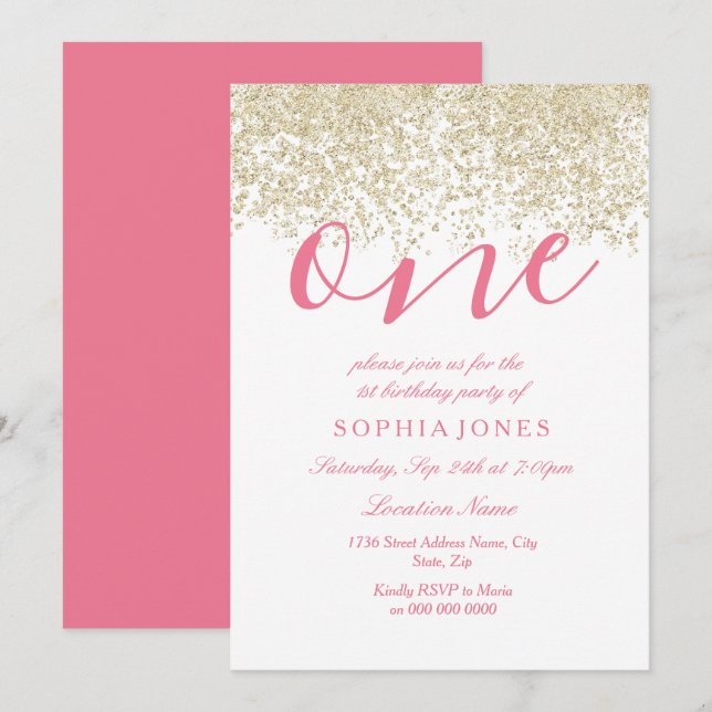 Rosa Guld Glitter 1:a födelsedag party Inbjudan (Fram/baksida)
