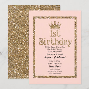 Rosa Guld Glitter 1-års Födelsedags Prinsessa Kron Inbjudningar