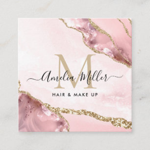 Rosa Guld Glitter Agat Hår Makeup Monogram Fyrkantigt Visitkort