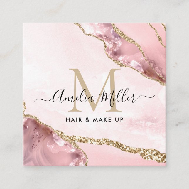 Rosa Guld Glitter Agat Hår Makeup Monogram Fyrkantigt Visitkort (Framsida)