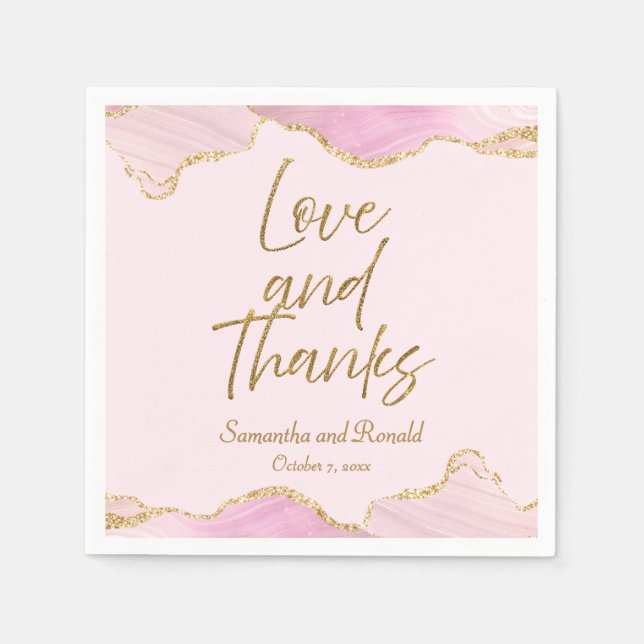 Rosa & Guld Glitter Agate Kärlek och Tack Bröllop Pappersservett (Framsidan)
