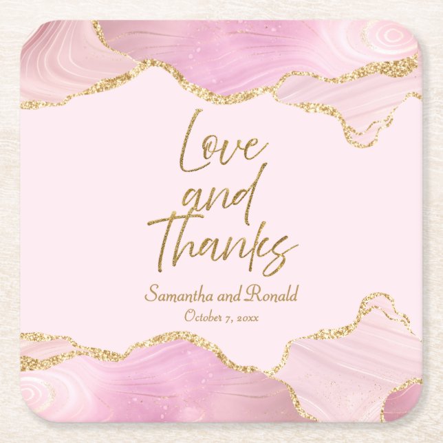 Rosa & Guld Glitter Agate Kärlek och Tack Bröllop Underlägg Papper Kvadrat (Framsidan)