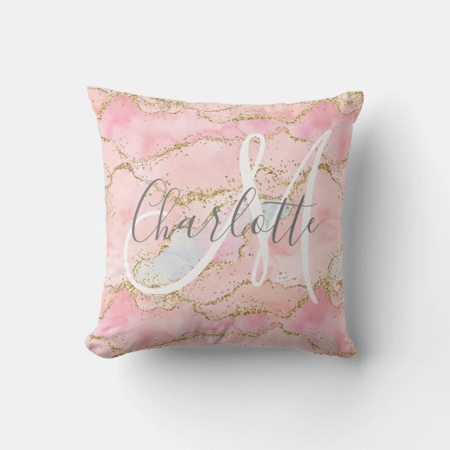  rosa guld glitter agate monogram kudde (Framsida)