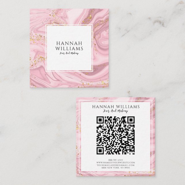 Rosa & Guld Glitter Agate Qr Code Modern unik Fyrkantigt Visitkort (Fram/baksida)