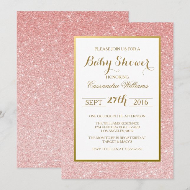 Rosa guld- glitter - baby showerinbjudan inbjudningar (Fram/baksida)