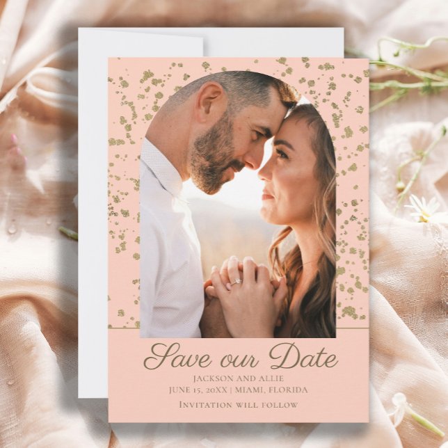 Rosa Guld Glitter Båge Kupol Foto Bröllop Spara Datumet (Elegant pink and gold arch photo wedding Save-the-Date card)