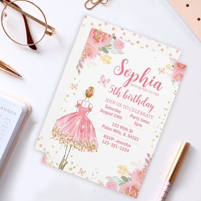 Rosa guld glitter ballerina-födelsedagsinbjudan inbjudningar (Skapare uppladdad)
