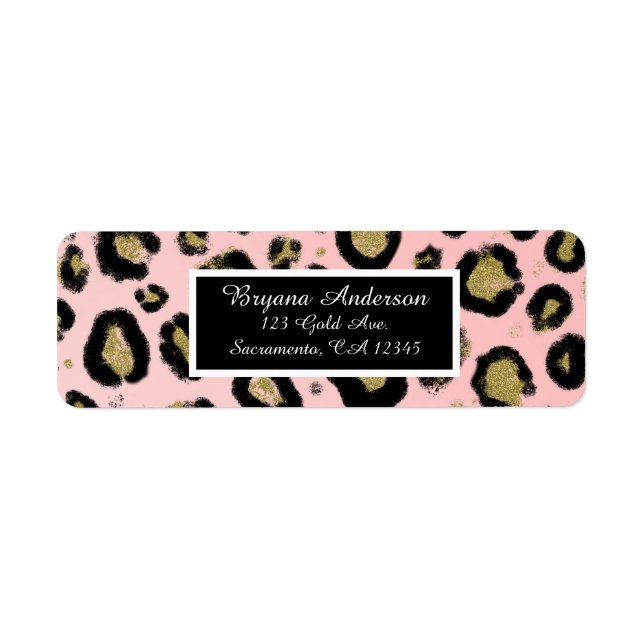 Rosa Guld Glitter & Black Leopard Sweet 16 Party Returadress Etikett (Framsidan)