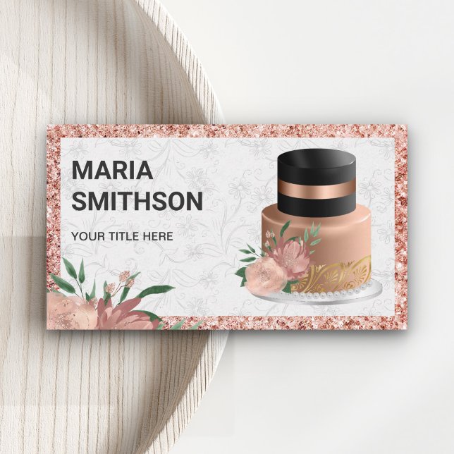 Rosa Guld Glitter Blommig Tårta Bakverk Konditor B Visitkort (Skapare uppladdad)