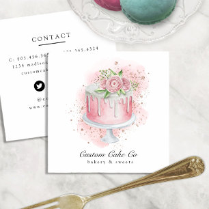 Rosa, Guld Glitter & Blommigt Anpassningsbar Cakes Fyrkantigt Visitkort