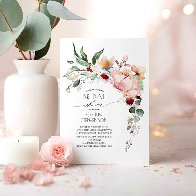Rosa Guld Glitter Blommigt Elegant Möhippa Inbjudningar (Elegant Watercolor Flowers Bridal Shower Invitations)