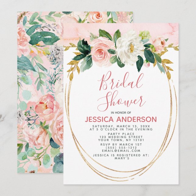 Rosa Guld Glitter Blommigt Möhippa Inbjudningar (Fram/baksida)