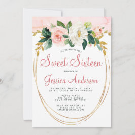 Rosa Guld Glitter Blommigt Sweet sixteen födelseda Inbjudningar