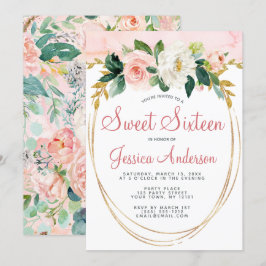 Rosa Guld Glitter Blommigt Sweet sixteen födelseda Inbjudningar