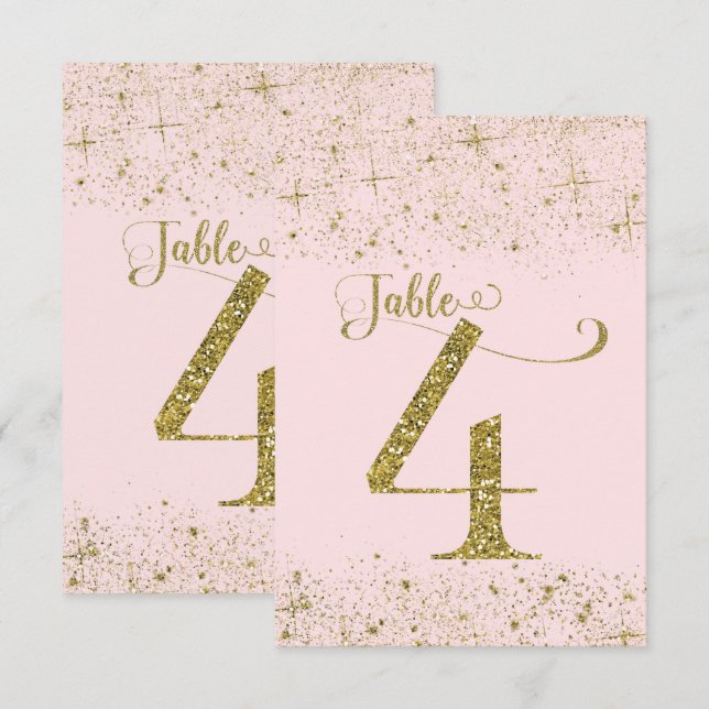 Rosa guld glitter bordskort nummer 4 (Fram/baksida)