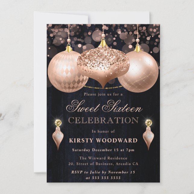 Rosa Guld Glitter Bubblor Jul Sweet 16 Inbjudningar (Framsida)