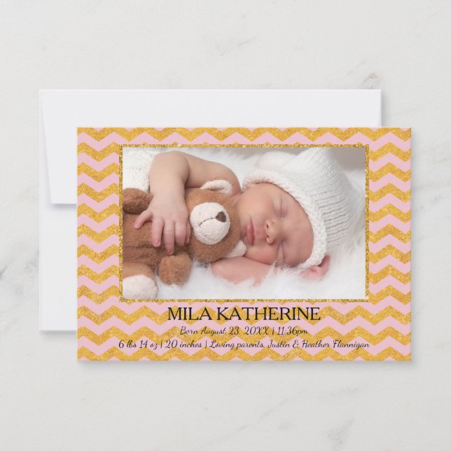 Rosa/Guld Glitter Chevron - 3x5 Födelseannons Meddelande (Framsida)