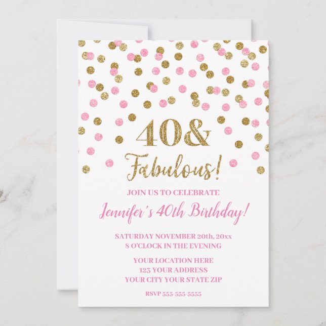 Rosa Guld Glitter Confetti 40 och Fabulous Inbjudningar (Baksida)