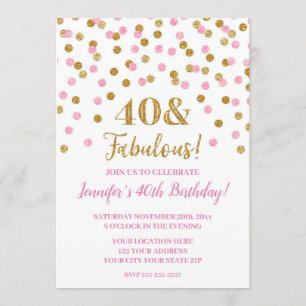 Rosa Guld Glitter Confetti 40 och Fabulous Inbjudningar