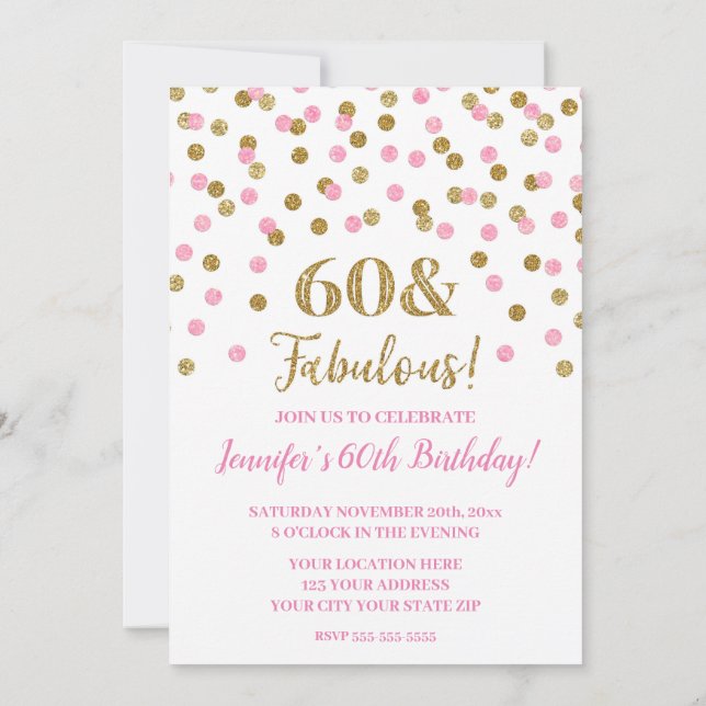 Rosa Guld Glitter Confetti 60 och Fabulous Inbjudningar (Baksida)