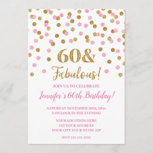 Rosa Guld Glitter Confetti 60 och Fabulous Inbjudningar
