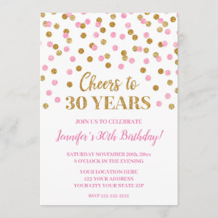 Rosa Guld Glitter Confetti Cheers till 30 år Inbjudningar