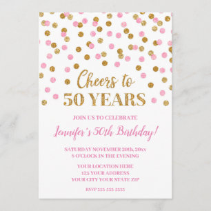 Rosa Guld Glitter Confetti Cheers till 50 år Inbjudningar