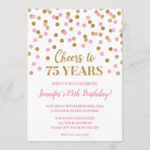Rosa Guld Glitter Confetti Cheers till 75 år Inbjudningar