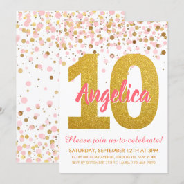 Rosa Guld Glitter Confetti Girl 10:e födelsedagen Inbjudningar