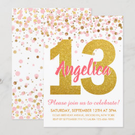 Rosa Guld Glitter Confetti Girl 13:e födelsedagen Inbjudningar