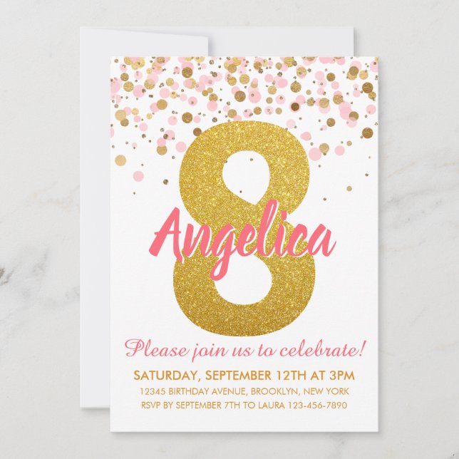 Rosa Guld Glitter Confetti Girl 8:e födelsedagen Inbjudningar (Framsida)