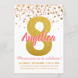 Rosa Guld Glitter Confetti Girl 8:e födelsedagen Inbjudningar