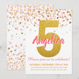 Rosa Guld Glitter Confetti Girl Femte födelsedagen Inbjudningar