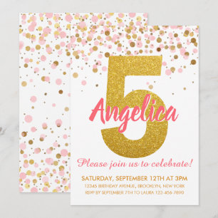 Rosa Guld Glitter Confetti Girl Femte födelsedagen Inbjudningar