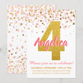 Rosa Guld Glitter Confetti Girl Fjärde födelsedage Inbjudningar
