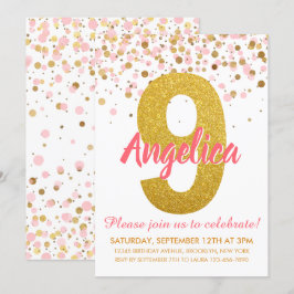 Rosa Guld Glitter Confetti Girl Nionde födelsedage Inbjudningar