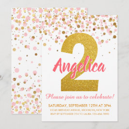 Rosa Guld Glitter Confetti Girl Second Birthday Inbjudningar