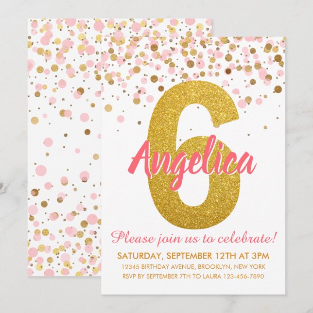 Rosa Guld Glitter Confetti Girl Sjätte födelsedage Inbjudningar (Fram/baksida)